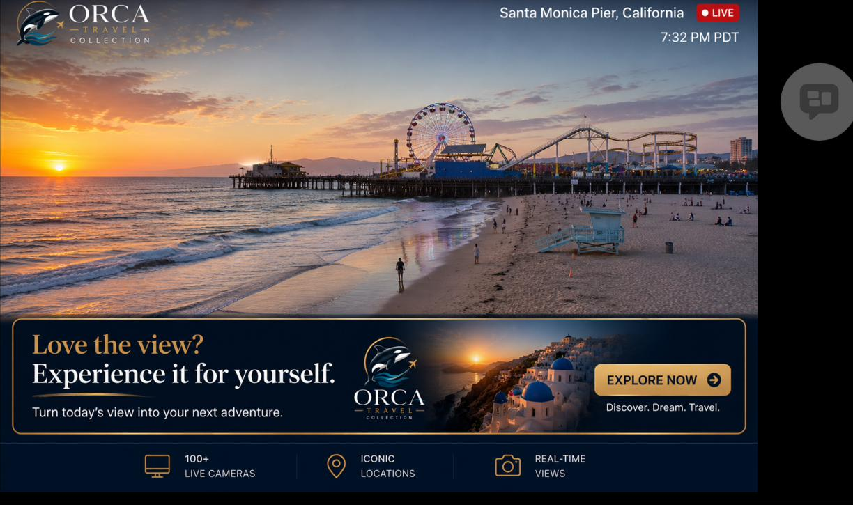 Live Santa Monica Pier feed with Orca Travel Collection watermark and banner placement